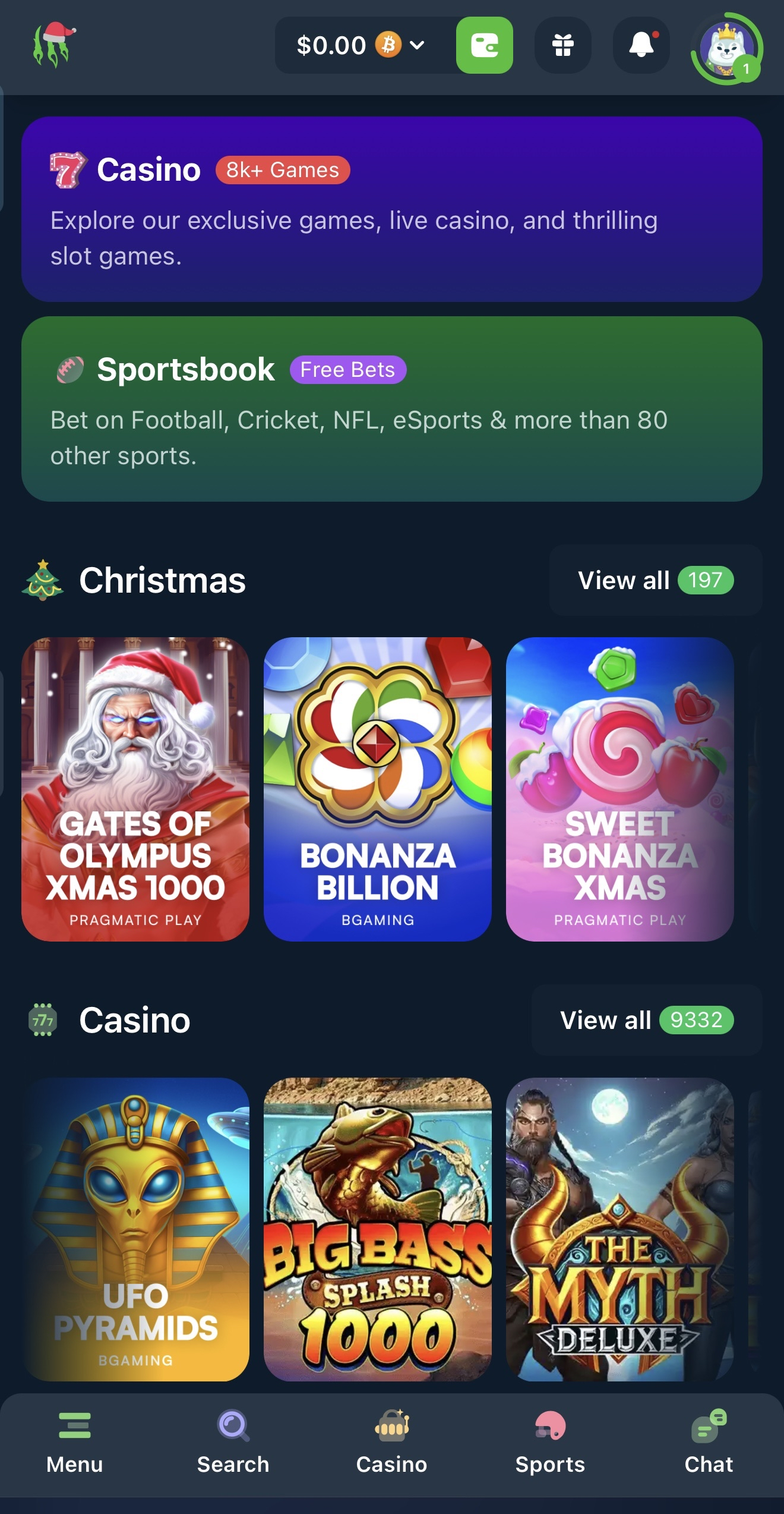 Wild.io Mobile UI - Crypto Casino Interface