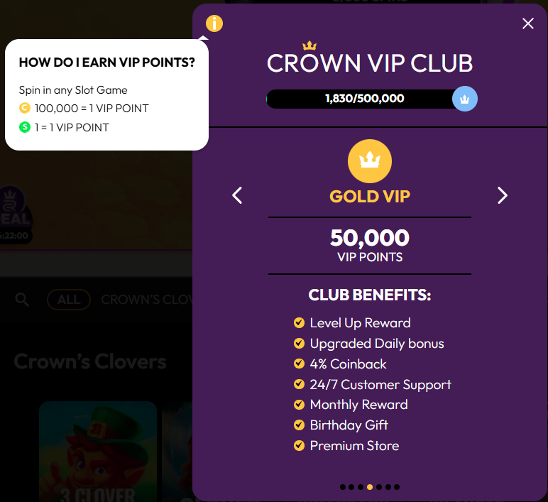 Crown Coins Casino Crown VIP Club panel showing Gold VIP at 50,000 points with benefits including 4% coinback, premium store, and upgraded daily bonus