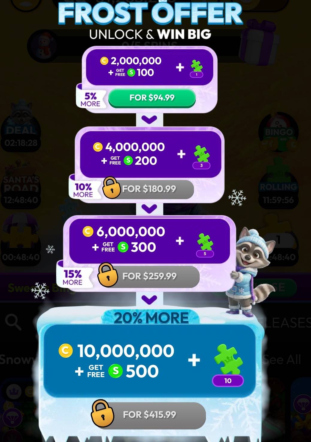 Crown Coins Casino Frost Offer limited-time sale bundles showing GC and SC packages for VIP point grinding