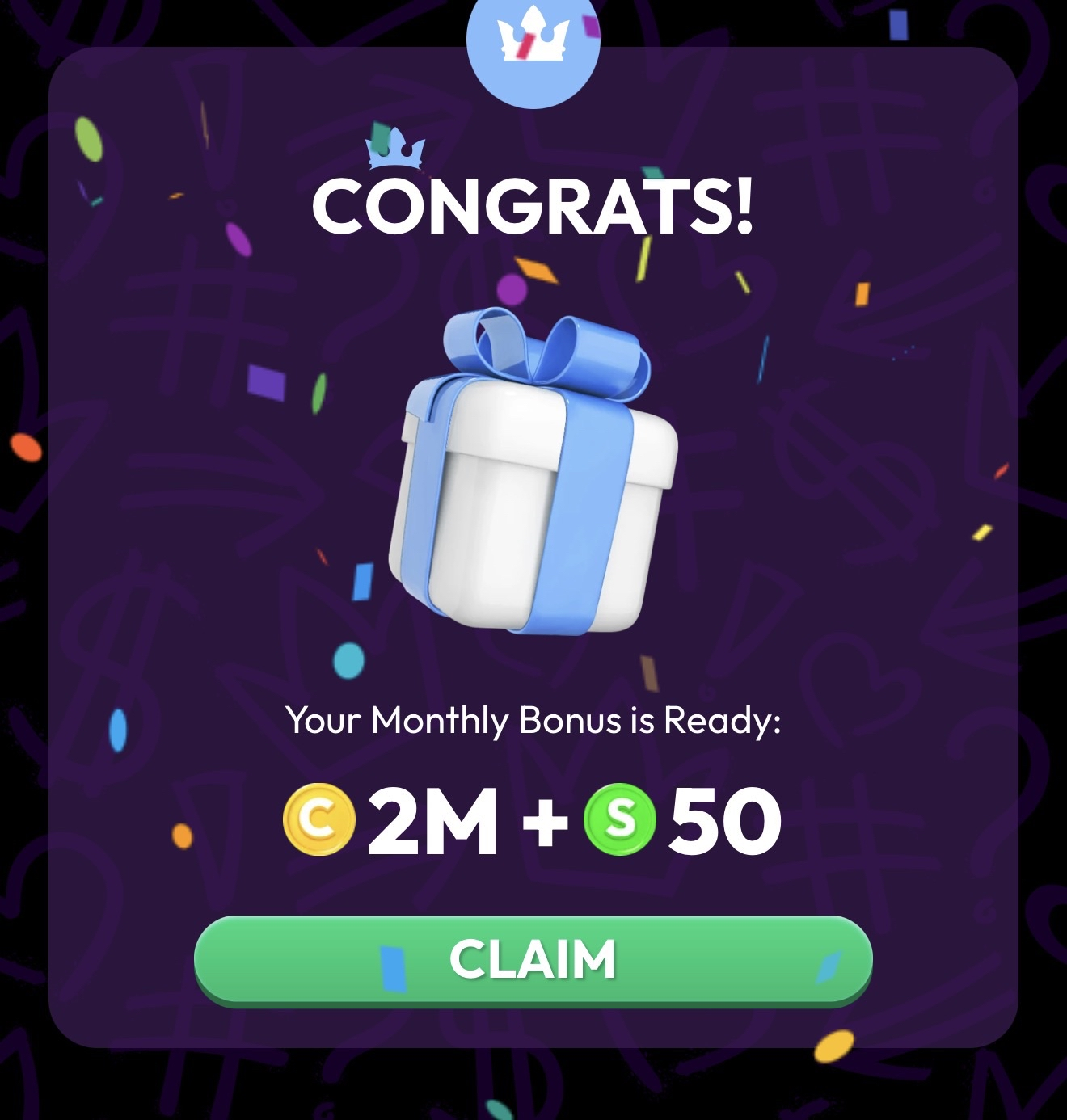 Crown Coins Casino Diamond tier monthly loyalty dividend reward showing 2M GC plus 50 SC bonus