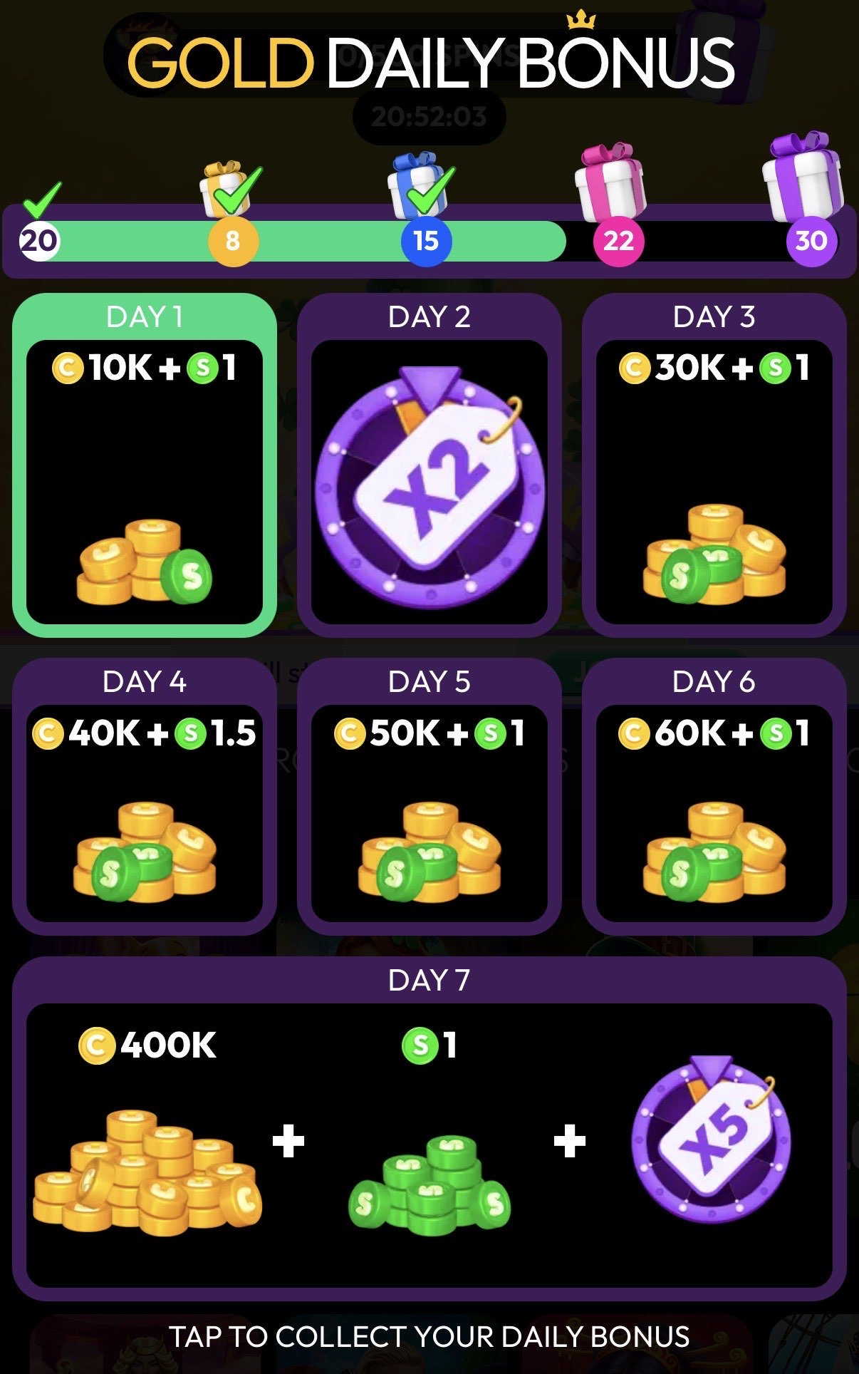 Crown Coins Casino Gold VIP 7-day progressive daily bonus streak showing escalating GC and SC rewards from Day 1 through Day 7