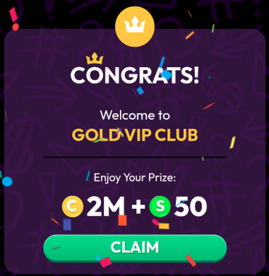Crown Coins Casino Gold VIP Club level-up congratulations reward showing 2M GC plus 50 SC instant bonus