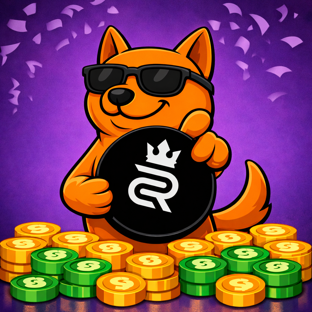 Crown Coins Casino mascot holding the Crown Coins logo surrounded by Gold Coins and Sweeps Coins