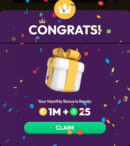 Crown Coins Casino Gold tier monthly loyalty dividend reward showing 1M GC plus 25 SC bonus