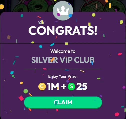 Crown Coins Casino Silver VIP Club level-up congratulations reward showing 1M GC plus 25 SC instant bonus