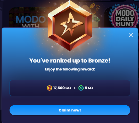 Modo Bronze VIP rank-up reward popup showing 17,500 GC and 5 SC claim