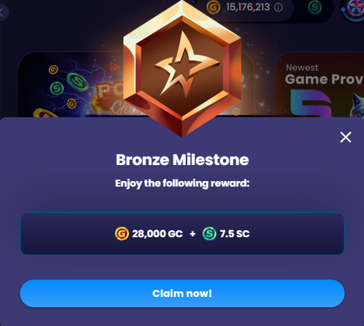 Modo Bronze to Silver milestone reward popup showing 20,000 GC and 7.5 SC