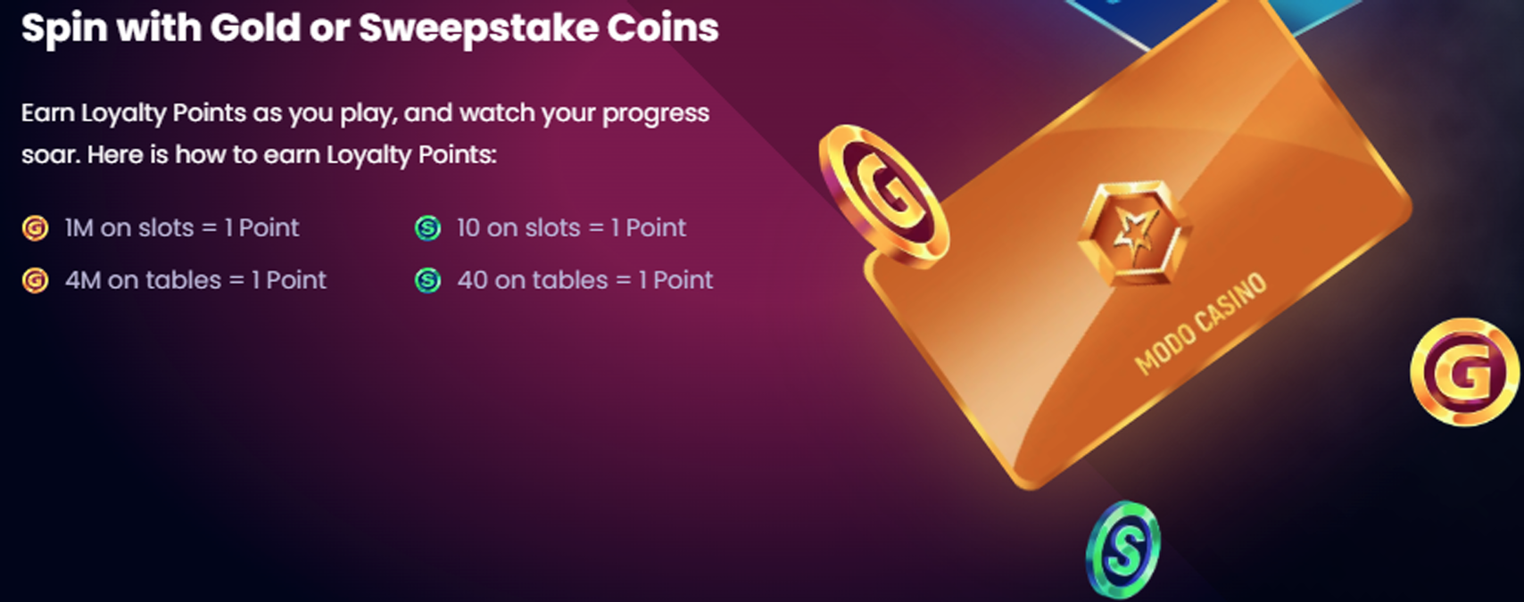 Modo Casino loyalty points earning rates showing 1M GC on slots equals 1 point and 10 SC on slots equals 1 point