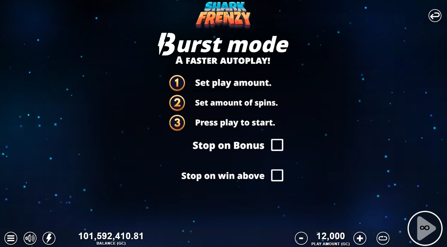 Slotmill Shark Frenzy slot on Modo casino featuring Burst Mode for fast VIP point grinding