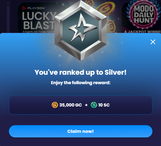 Modo Silver VIP rank-up reward popup showing 35,000 GC and 10 SC claim