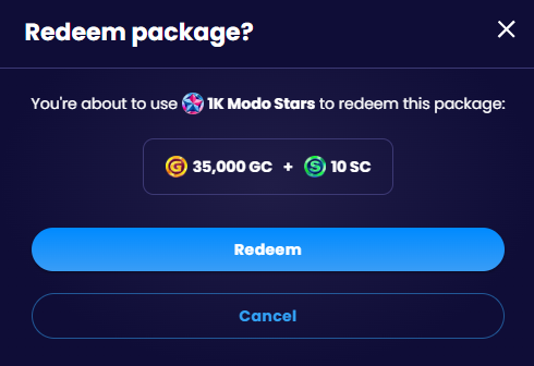 Modo Stars Store redemption popup showing 1K Modo Stars can be redeemed for 35000 GC plus 10 SC package