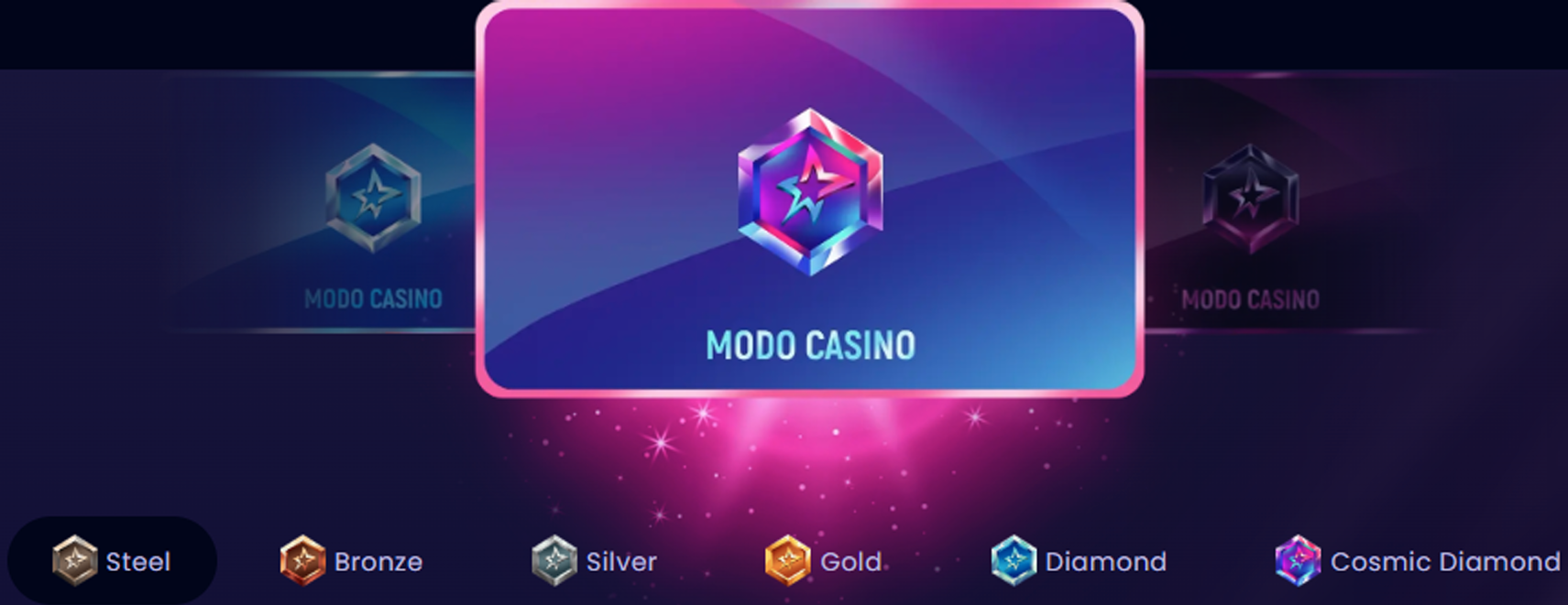 Modo Casino VIP ranks progression from Steel to Cosmic Diamond showing all tier levels