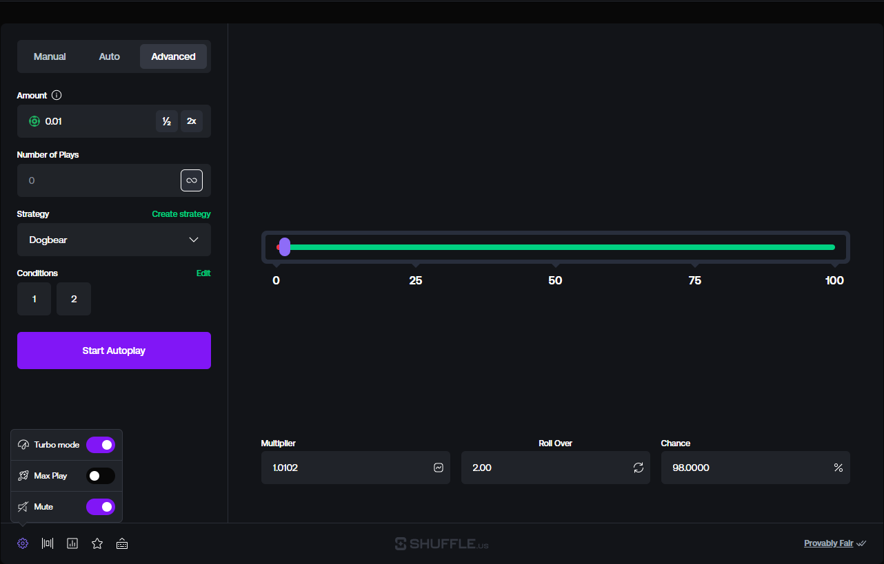 Shuffle.us Dice game Advanced autoplay settings showing Dogbear strategy with Turbo mode enabled, 0.01 SC bet amount, and 98 percent RTP configuration