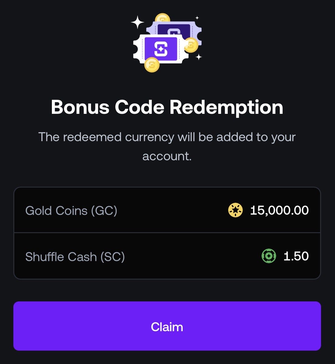 Shuffle.us Bonus Code Redemption screen showing 15,000 Gold Coins GC and 1.50 Shuffle Cash SC reward claim