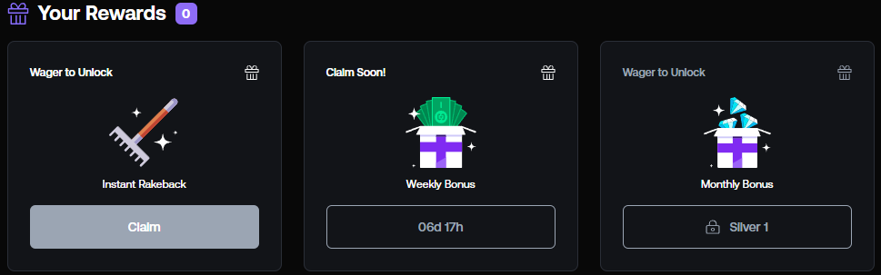 Shuffle.us VIP rewards panel showing Instant Rakeback, Weekly Bonus, and Monthly Bonus unlock tiers