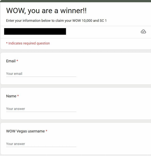 WoW Vegas Google Form for claiming prizes